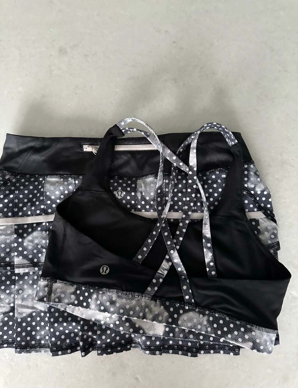 Lululemon Black and White Polka Dot Ruffle Skirt with Matching Sports Bra